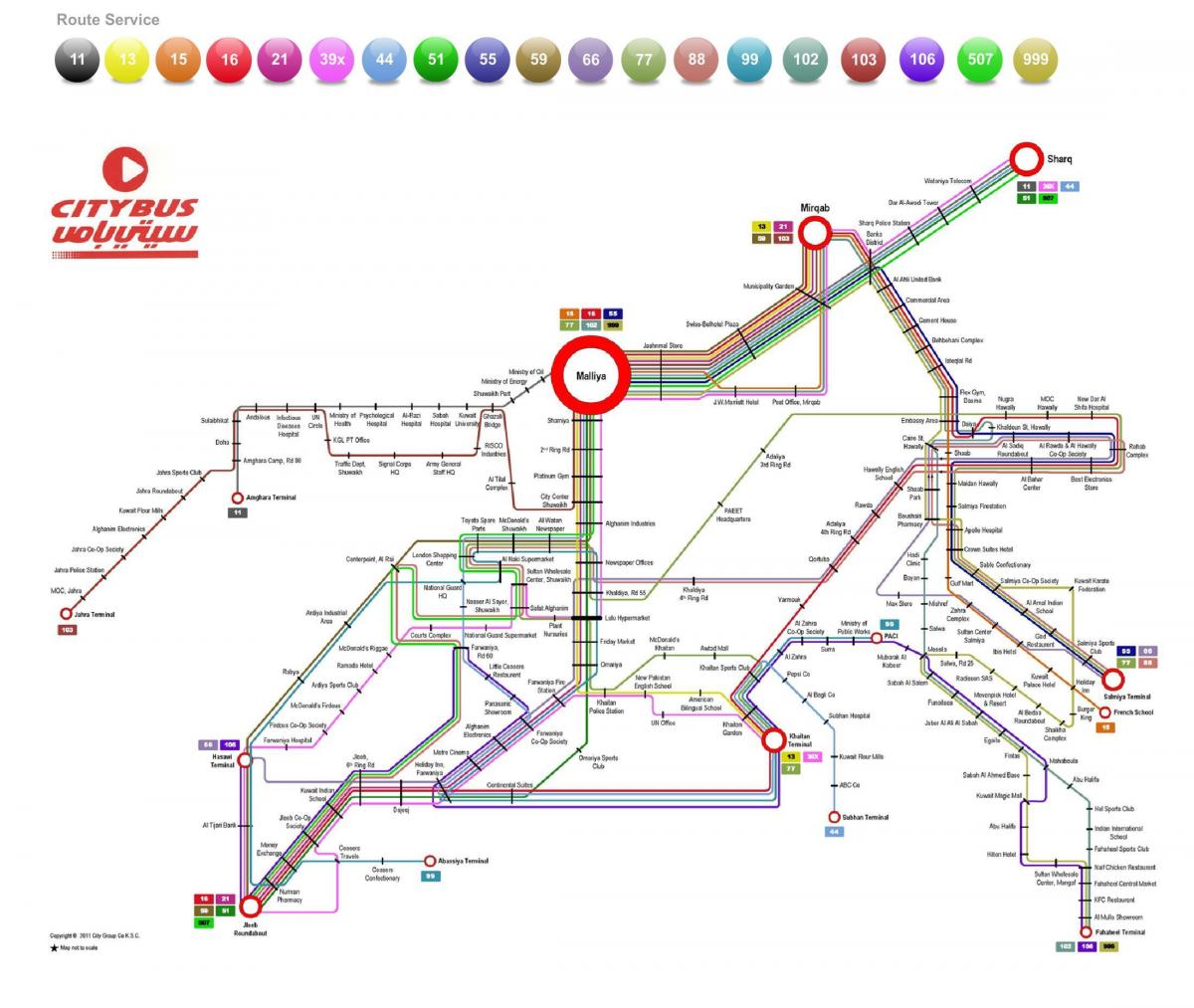 kuwait cidade autobús 999 mapa da ruta